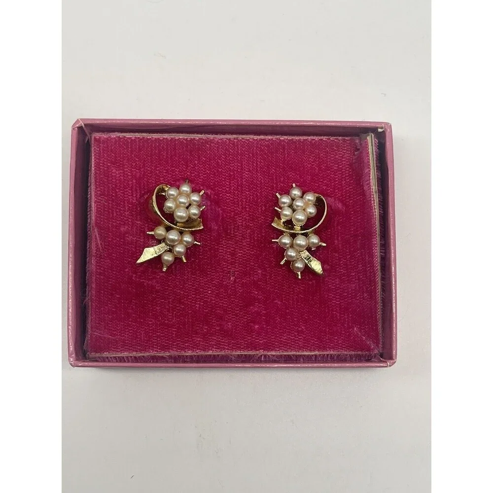 Vintage Gold Tone Faux Pearl Cluster Clip Earrings